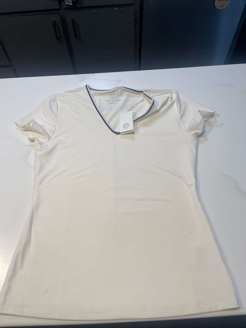 Tory Sport Tory Burch  White V-Neck Short Sleeve Top